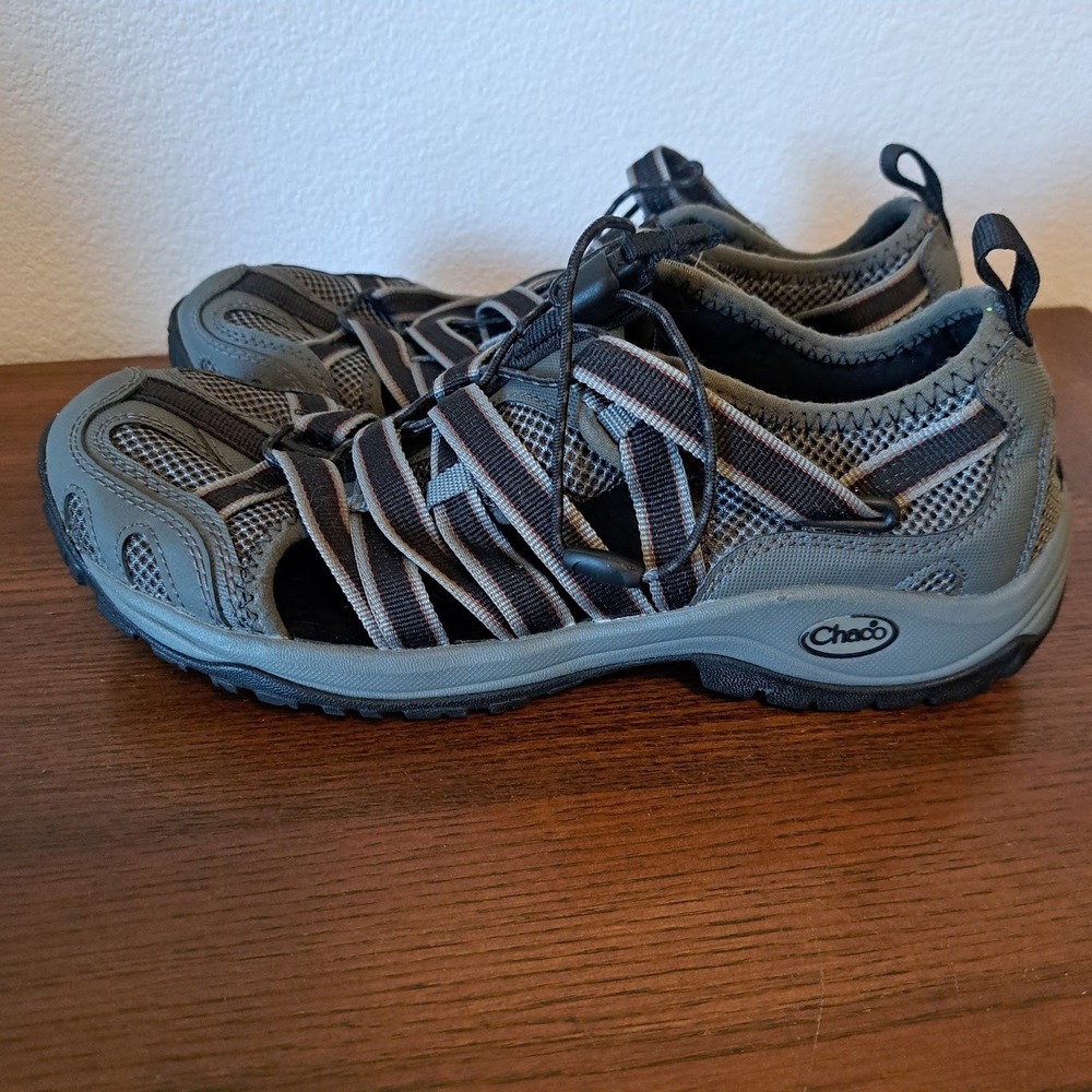 Chaco‎ Mens Trail Shoes Gray Black Bungee Lace Vibram Sole Hiking Water Sandals